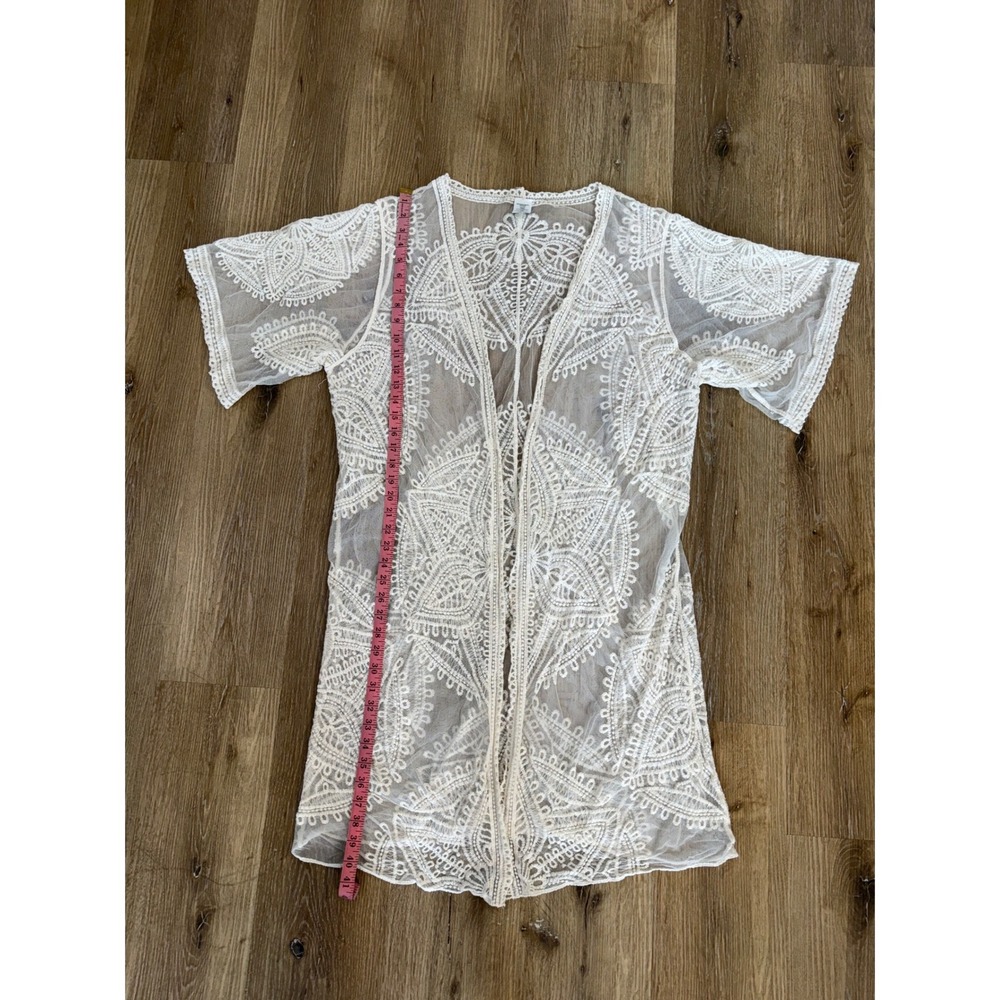 Boho Lace Duster Medallion Mesh Kimono Cardigan Women L-XL Cream Sheer Cover Up - Picture 8 of 9
